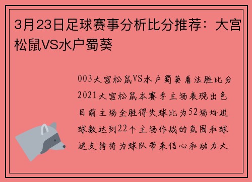 3月23日足球赛事分析比分推荐：大宫松鼠VS水户蜀葵